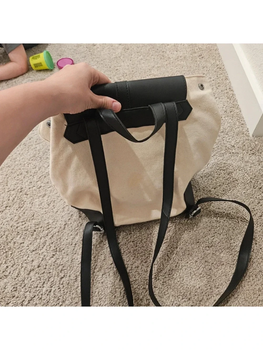 Deux Lux Cream Canvas Black Vegan Leather Backpack Minimalist Bag